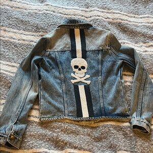 Washed Blue Denim cropped Jacket with beaded Skull Back Stripe
